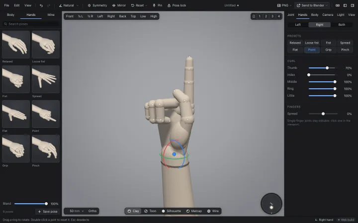 The Hands tab: a pointing right hand in close-up with per-finger curl sliders