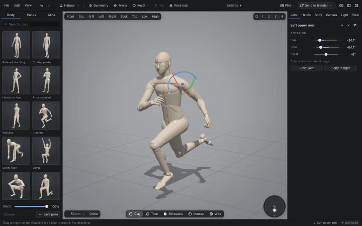 A running mannequin with rotate rings on its left shoulder, the pose library on the left and joint sliders on the right