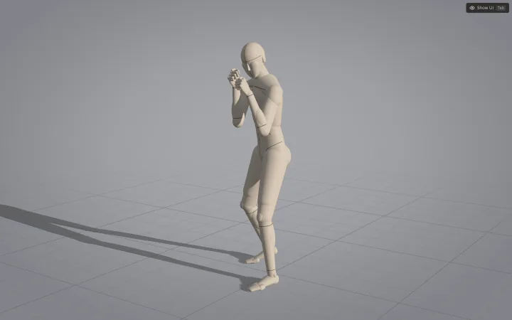 Reference mode: only the posed figure on a grid floor with a long side-lit shadow, every panel hidden