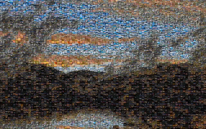Gifford's Mist Rising at Sunset in the Catskills as a photomosaic: bands of orange cloud and blue sky over a dark ridge and a pale lake, all made of small nature photographs