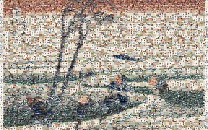 Hokusai's Ejiri in Suruga Province as a photomosaic: wind-bent trees and a winding road across a pale plain under a pink sky, built from small nature photographs