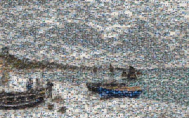Monet's The Beach at Sainte-Adresse as a photomosaic: grey sky, pale sand and a blue boat drawn up on the shore, built from beaches, clouds and seas