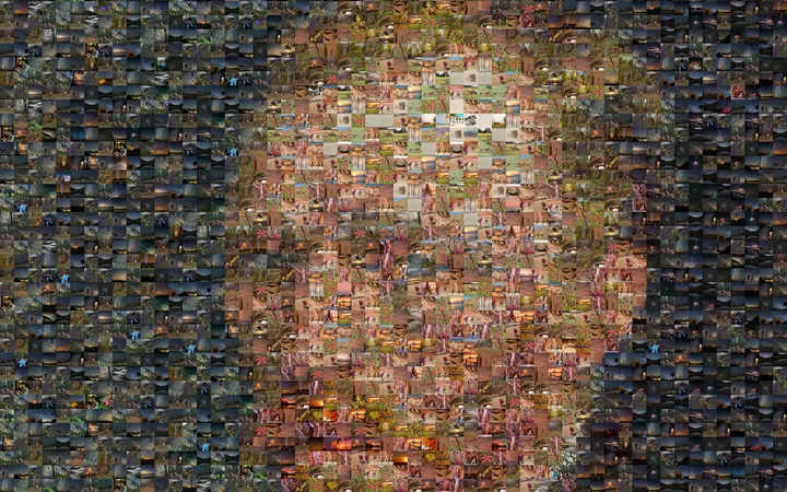 Van Gogh's 1887 self-portrait as a photomosaic: the face and red beard built from canyon walls, sunsets and autumn leaves, the dark ground from night skies
