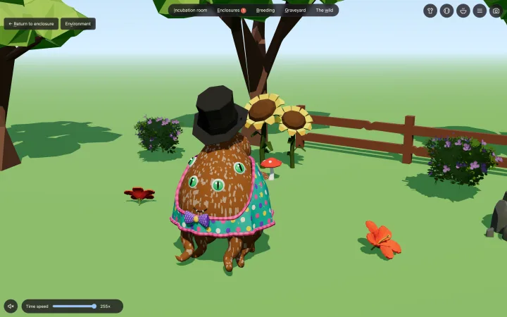A creature taken out into a meadow in a polka-dot party coat, a bow tie and a top hat, among sunflowers