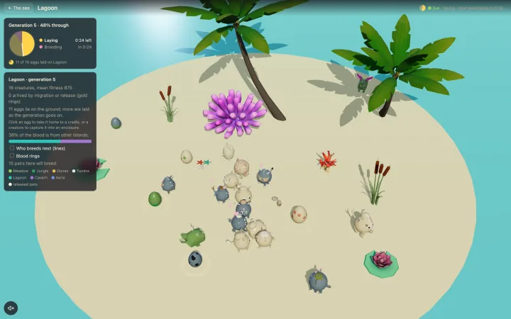 A visit to the Lagoon island: creatures on the sand among palms and coral, eggs lying on the ground, and the generation's panel