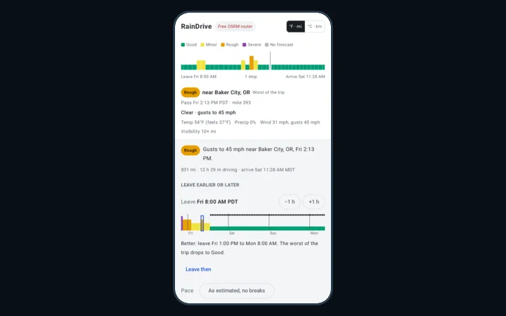 The Android app on the same trip: the timeline strip, the worst stretch near Baker City, and the departure scan suggesting leaving Friday at 1 PM instead