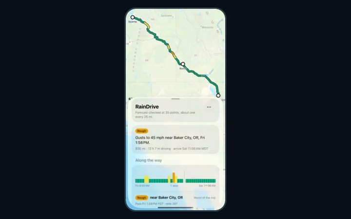 The iPhone app on the same trip: an Apple Maps route with the same coloured stretches, and a sheet reading Rough, gusts to 45 mph near Baker City, with the timeline strip