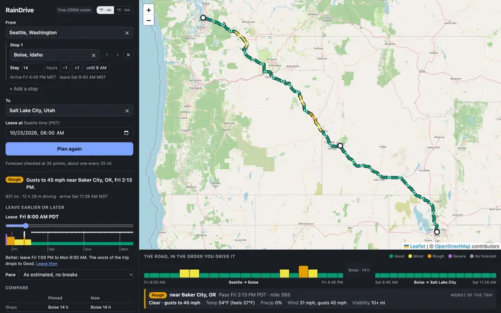The web app planning Seattle to Salt Lake City with a night in Boise: the route on a map coloured green with yellow and orange stretches in eastern Oregon, a timeline strip below, and the verdict Rough, gusts to 45 mph near Baker City