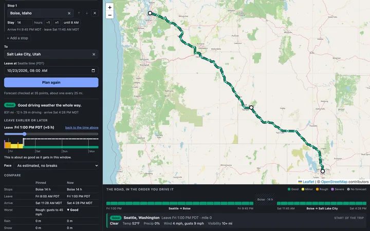 The same trip leaving five hours later: the whole route and timeline turn green, and the compare table shows the worst of the trip going from Rough to Good