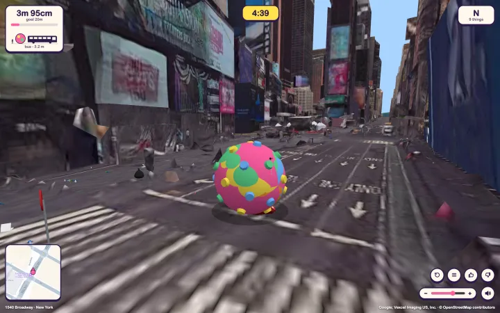 The ball at four metres rolling up Seventh Avenue with nine things picked up and litter scattered across the crosswalk