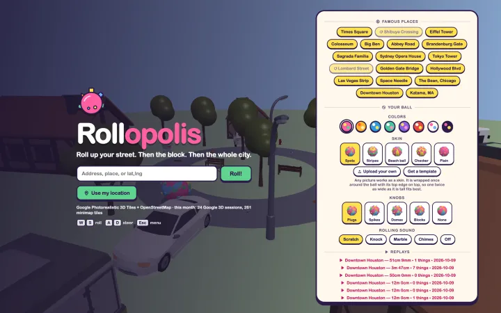 The title screen: the Rollopolis logo and a place search over a low-poly street, with famous places, ball colours, skins and knobs in a panel on the right